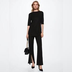 Mango Black Ribbed Slit Leg Elastic Waist Stretch Trousers NWT